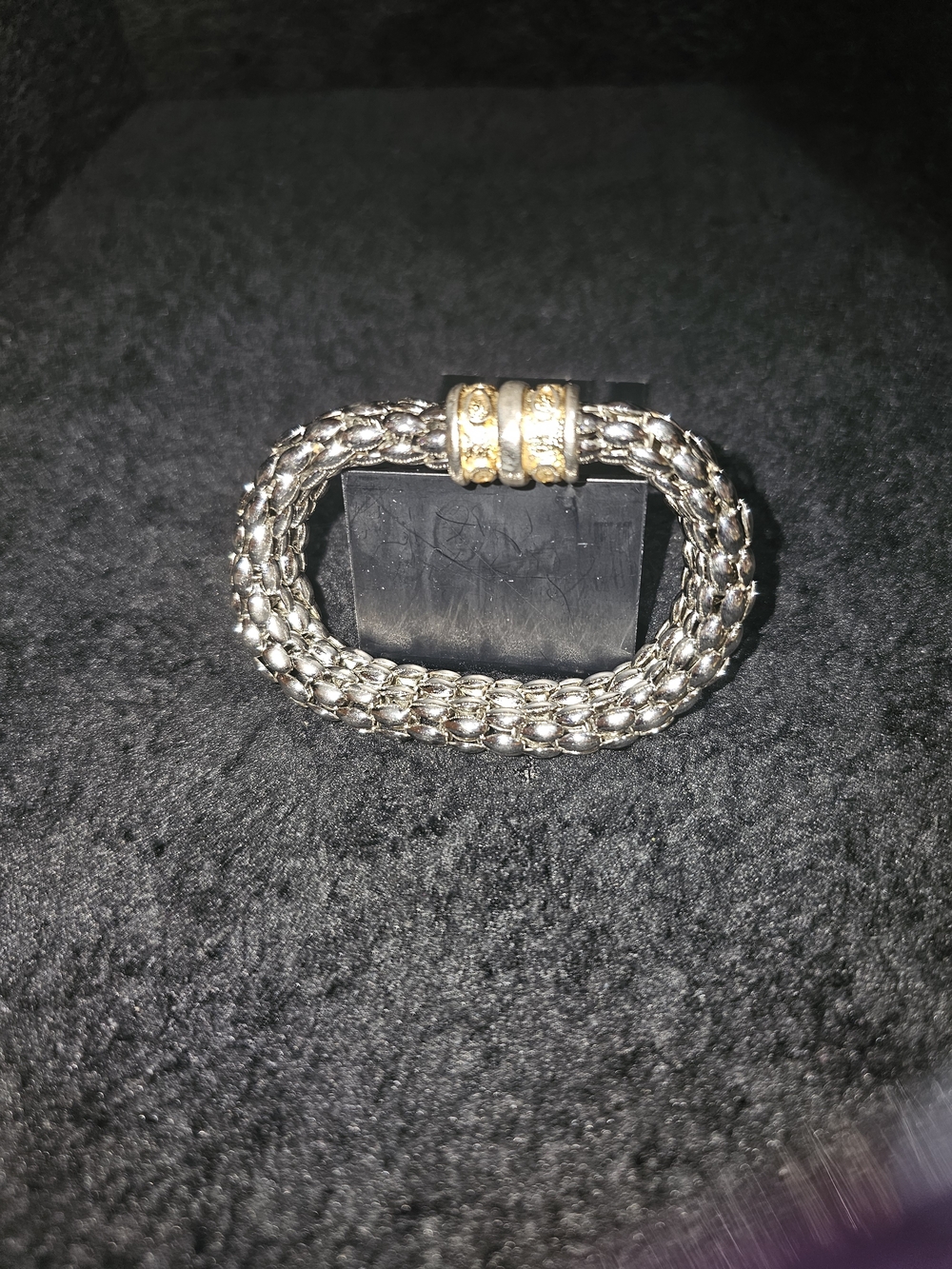 Vintage Silver-tone Brick-lay Bracelet With Magnetic Gold-tone Clasp